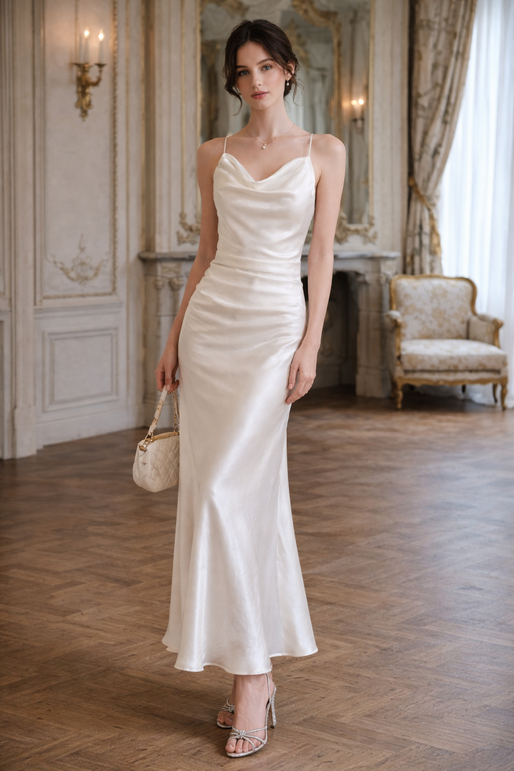 Woman in a white satin dress standing in an elegant room with wooden floor and decorative walls.