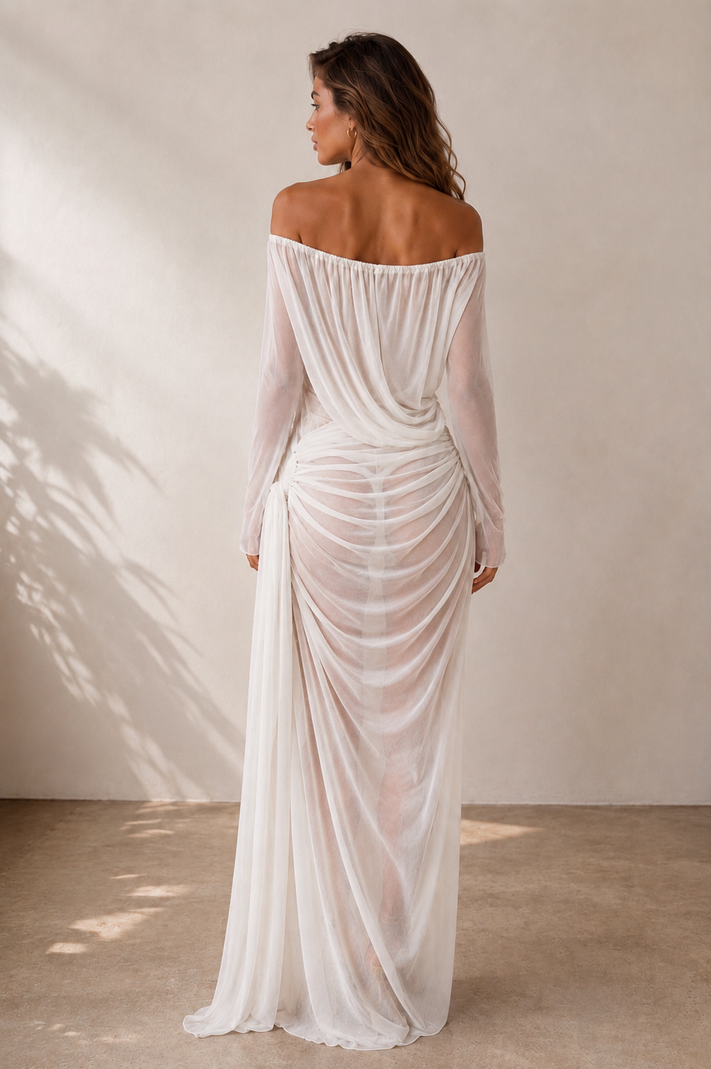 Celeste Sheer Draped Maxi Dress | Off Shoulder White Mesh Evening & Resort Dress