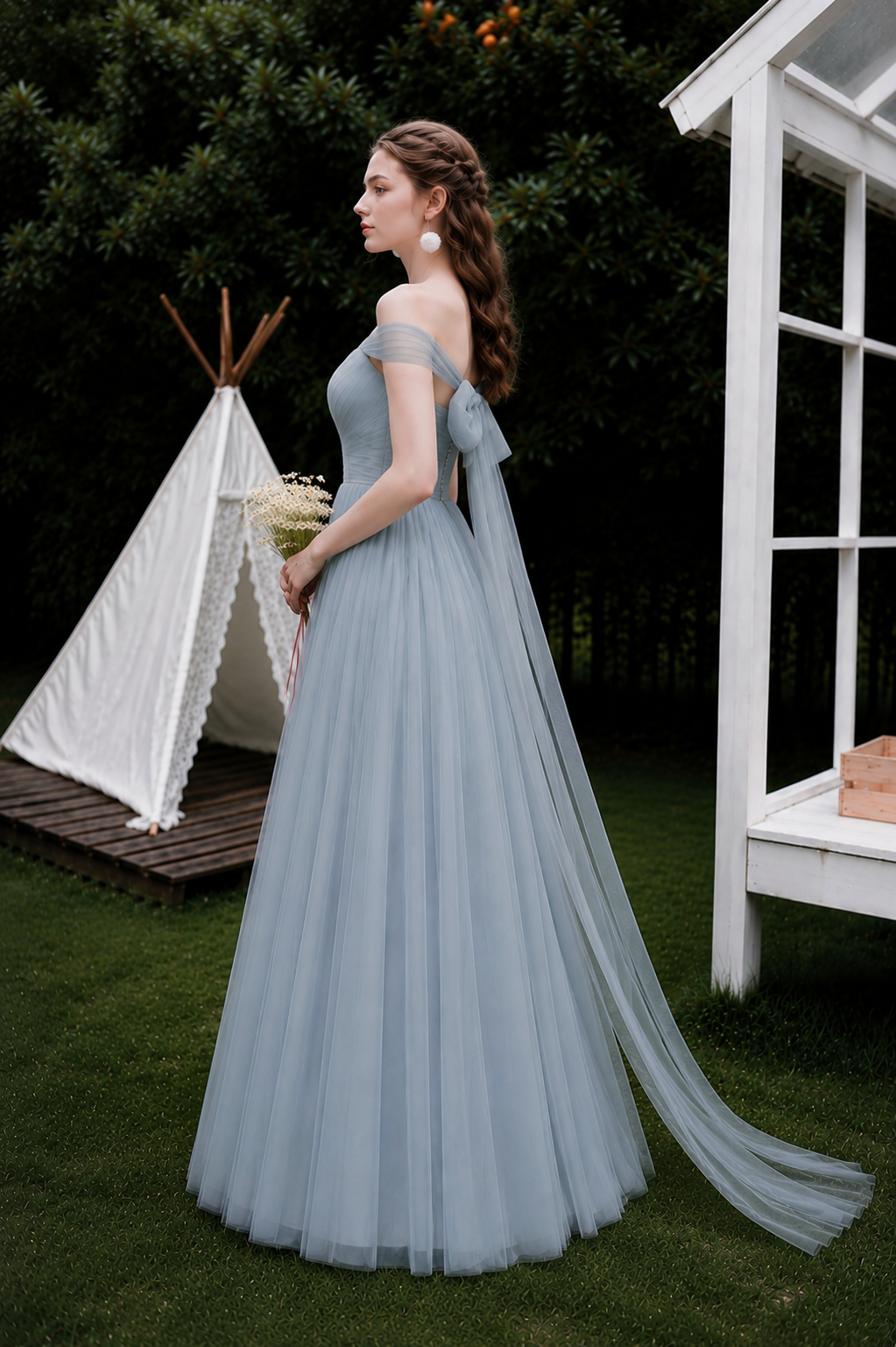 Celeste Bow Back Tulle Bridesmaid Dress – Dusty Blue Off Shoulder Maxi Gown