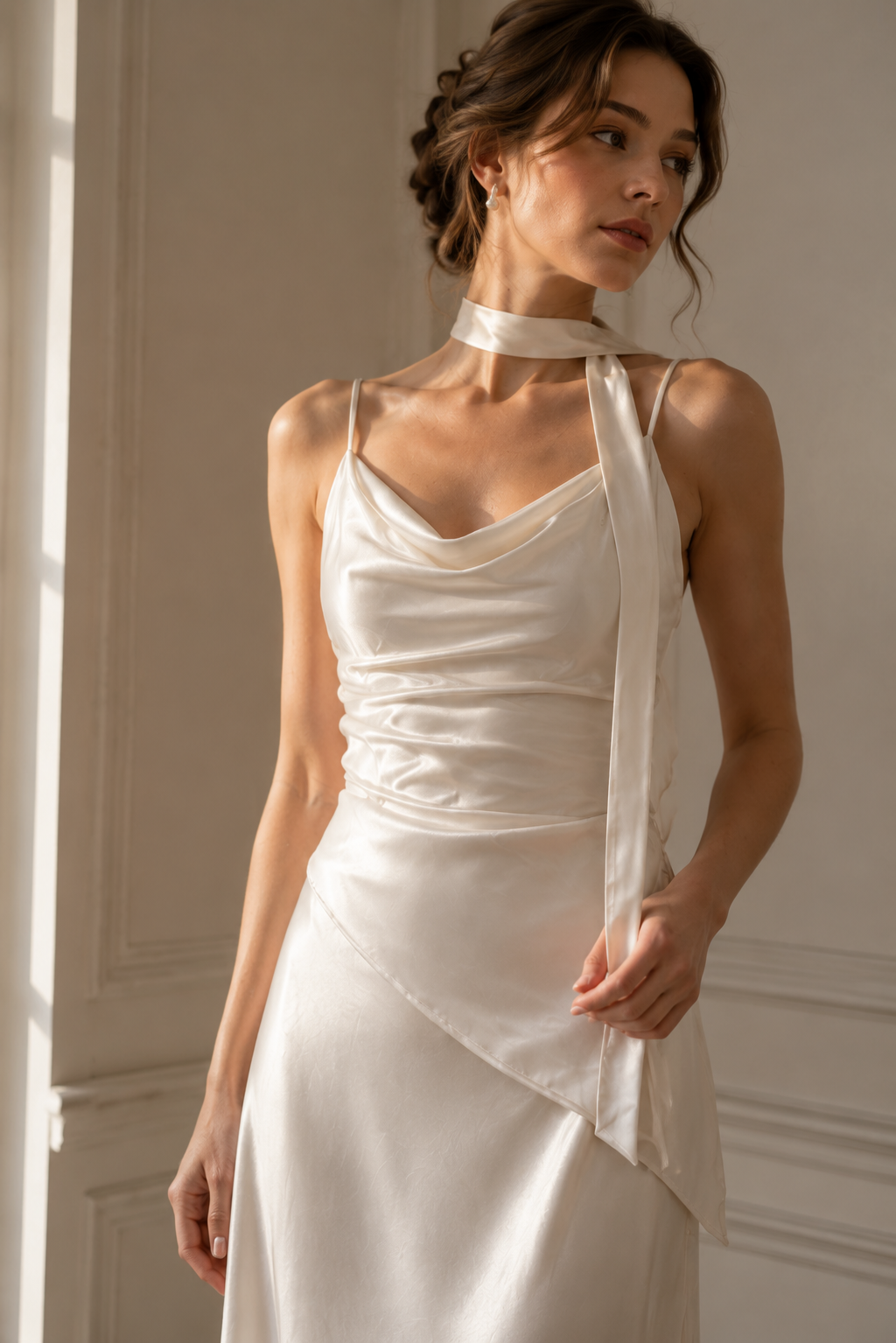Solène Ivory Satin Cowl Neck Dress | Van Atelier