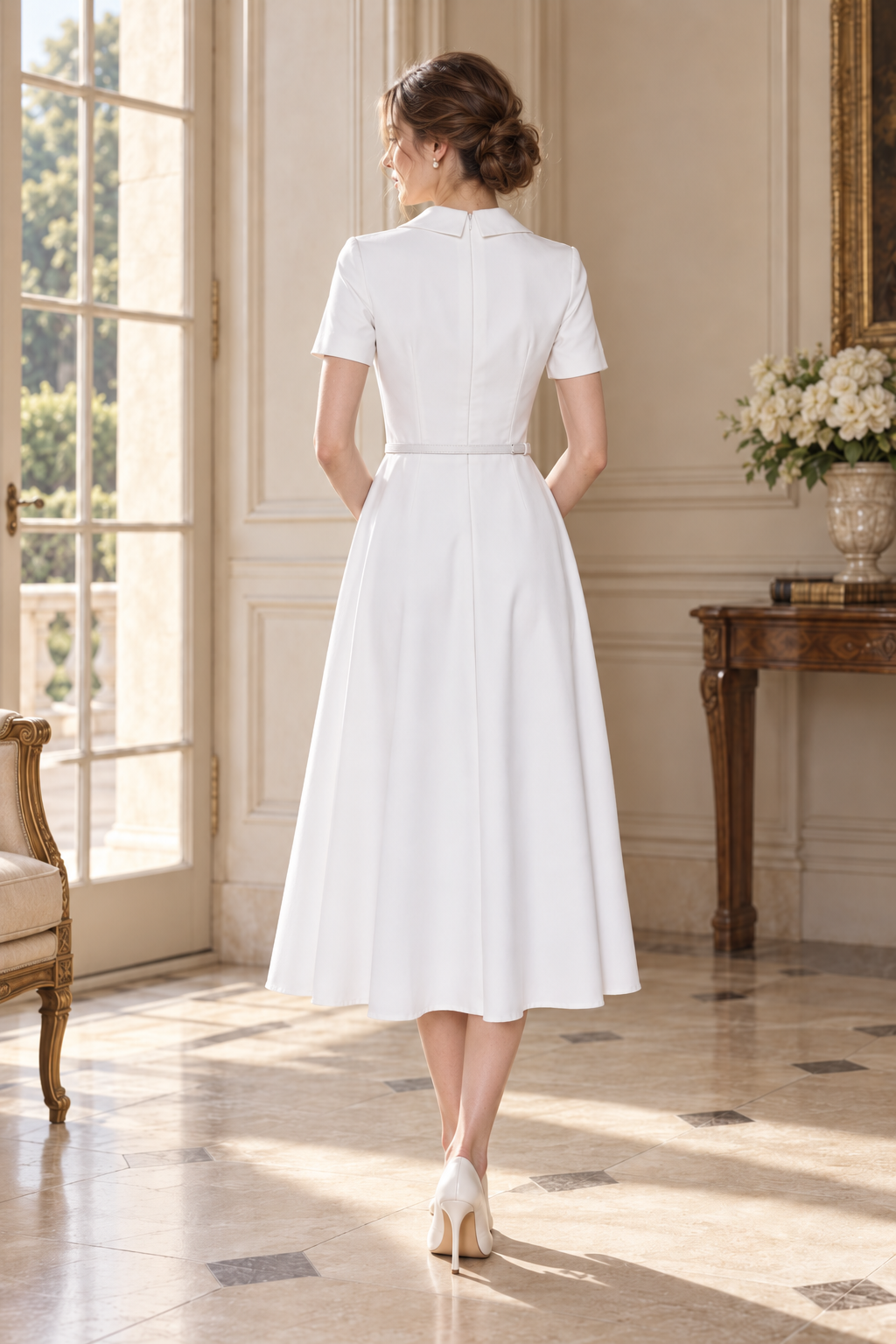 Tailored Shirt Collar Midi Dress in Pearl White