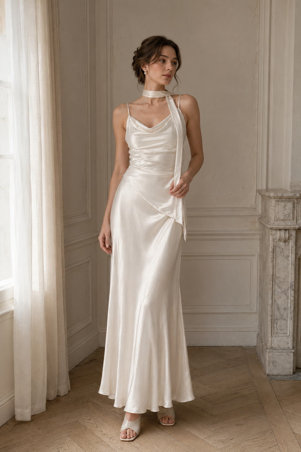 Solène Ivory Satin Cowl Neck Dress | Van Atelier