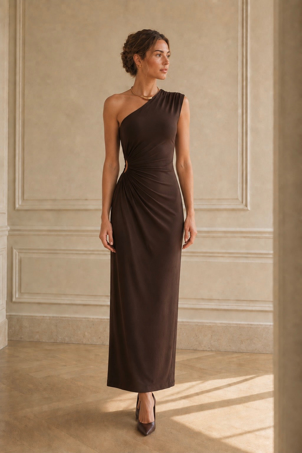 Apolline Chocolate Brown One-Shoulder Cutout Maxi Dress
