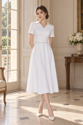 Tailored Shirt Collar Midi Dress in Pearl White