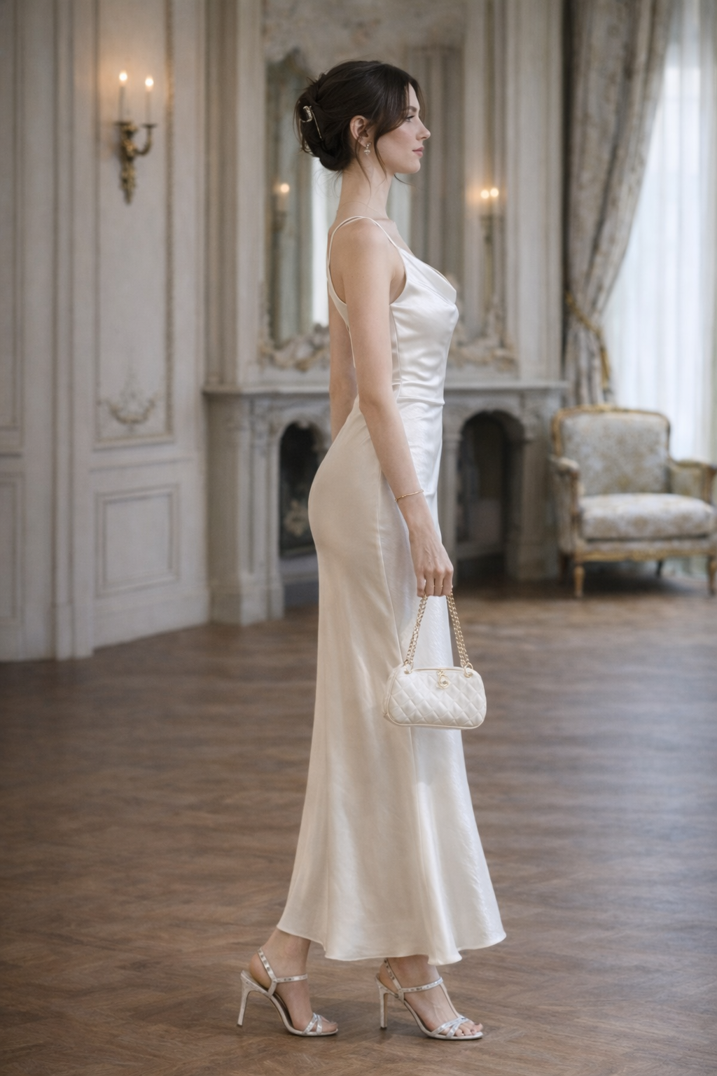 Silk Satin Cowl Neck Midi Dress with Open Crisscross Back Elegant Evening Dress