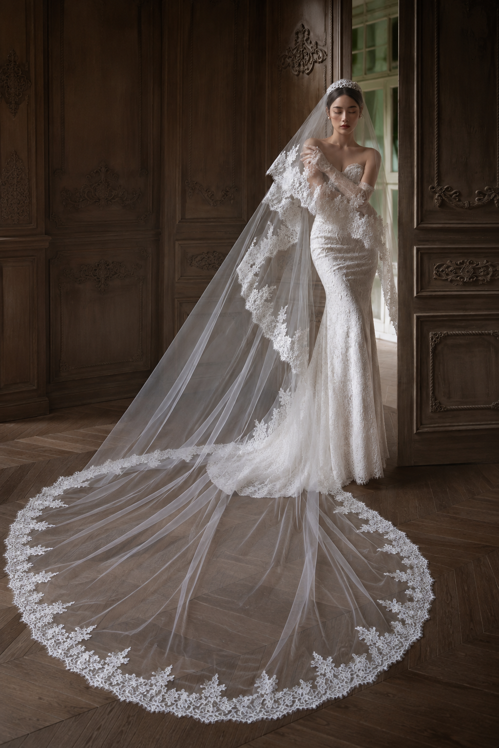 Cathedral Lace Wedding Veil 1.5×3m | Long Bridal Veil with Floral Lace