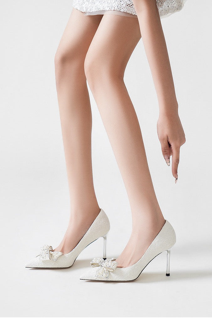 Pearl Crystal Bow Ivory Lace Stiletto Pumps