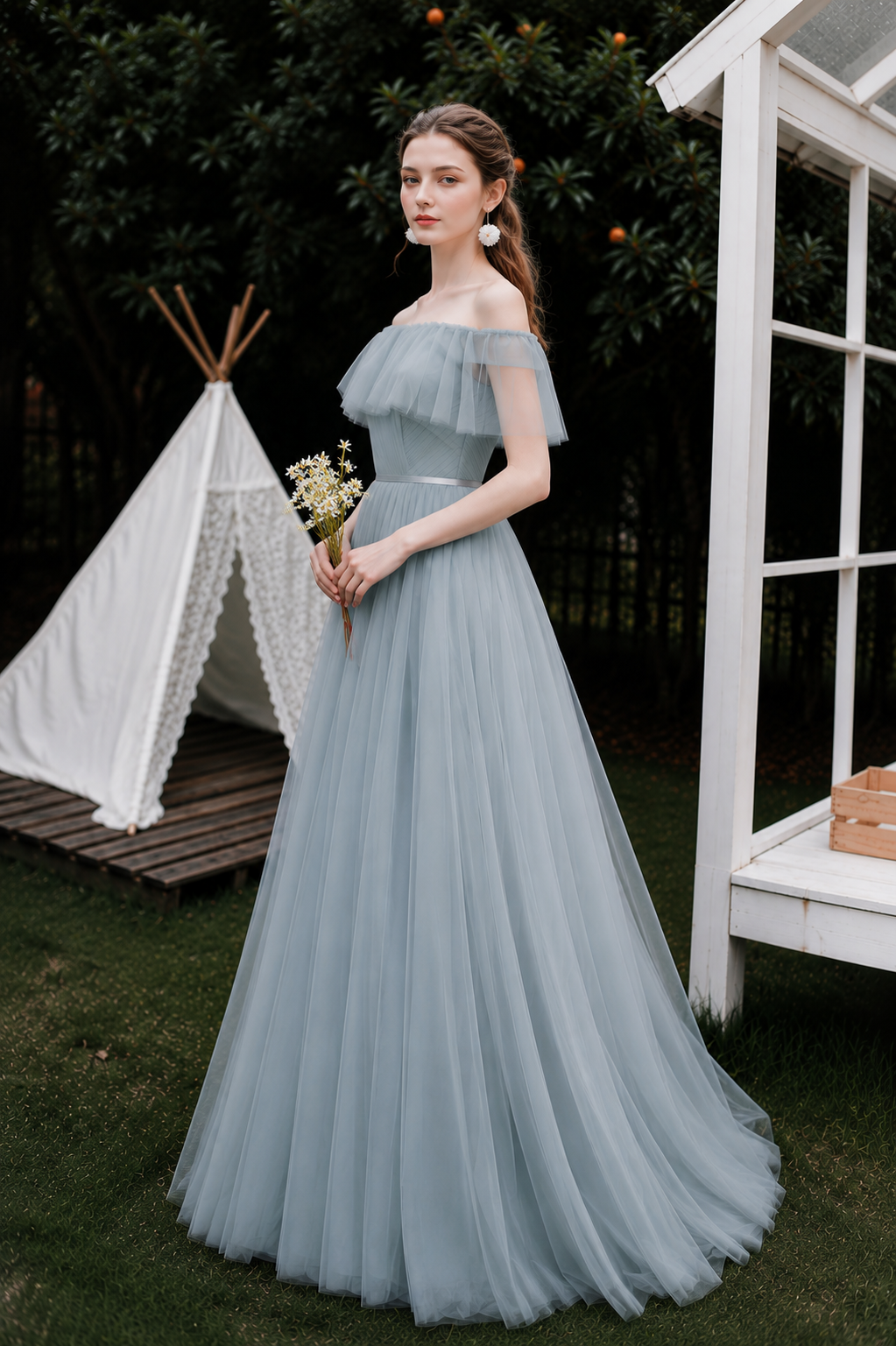 Rosalie Ice Blue Off-Shoulder Tulle Gown