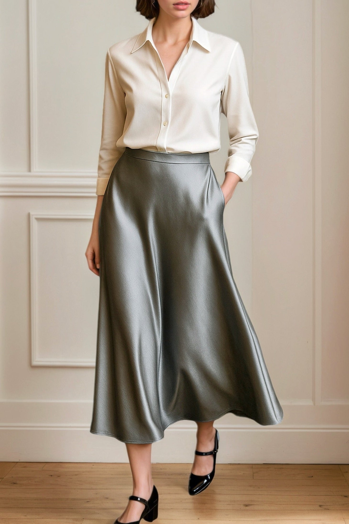 Elegant Silk Satin Midi Skirt
