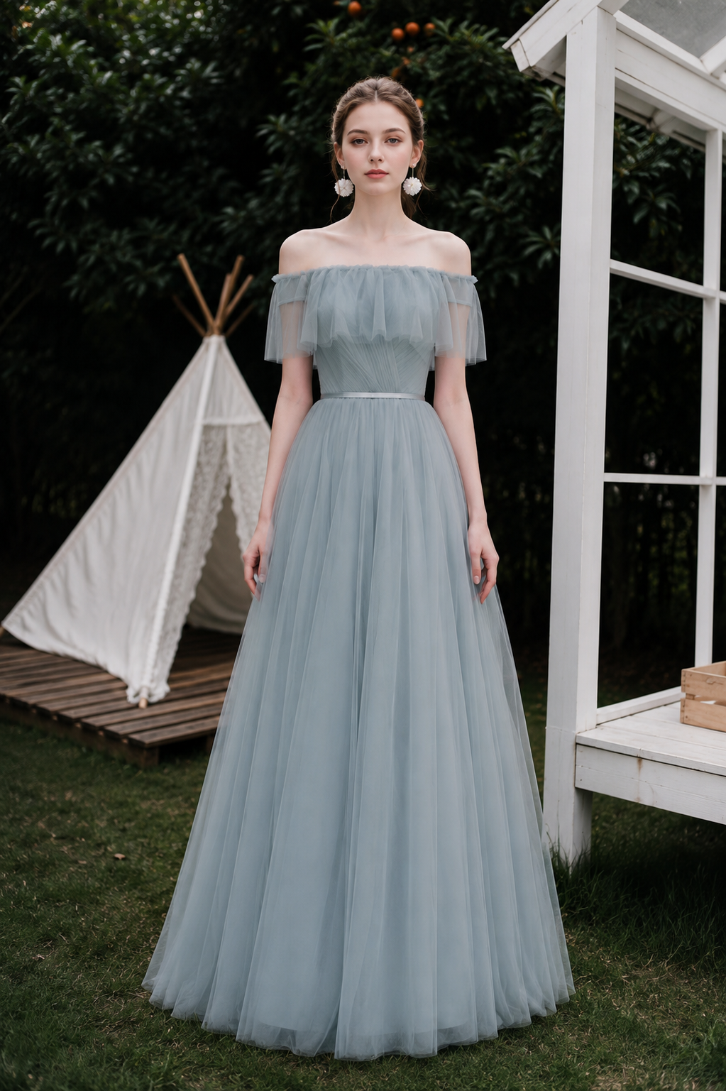 Rosalie Ice Blue Off-Shoulder Tulle Gown