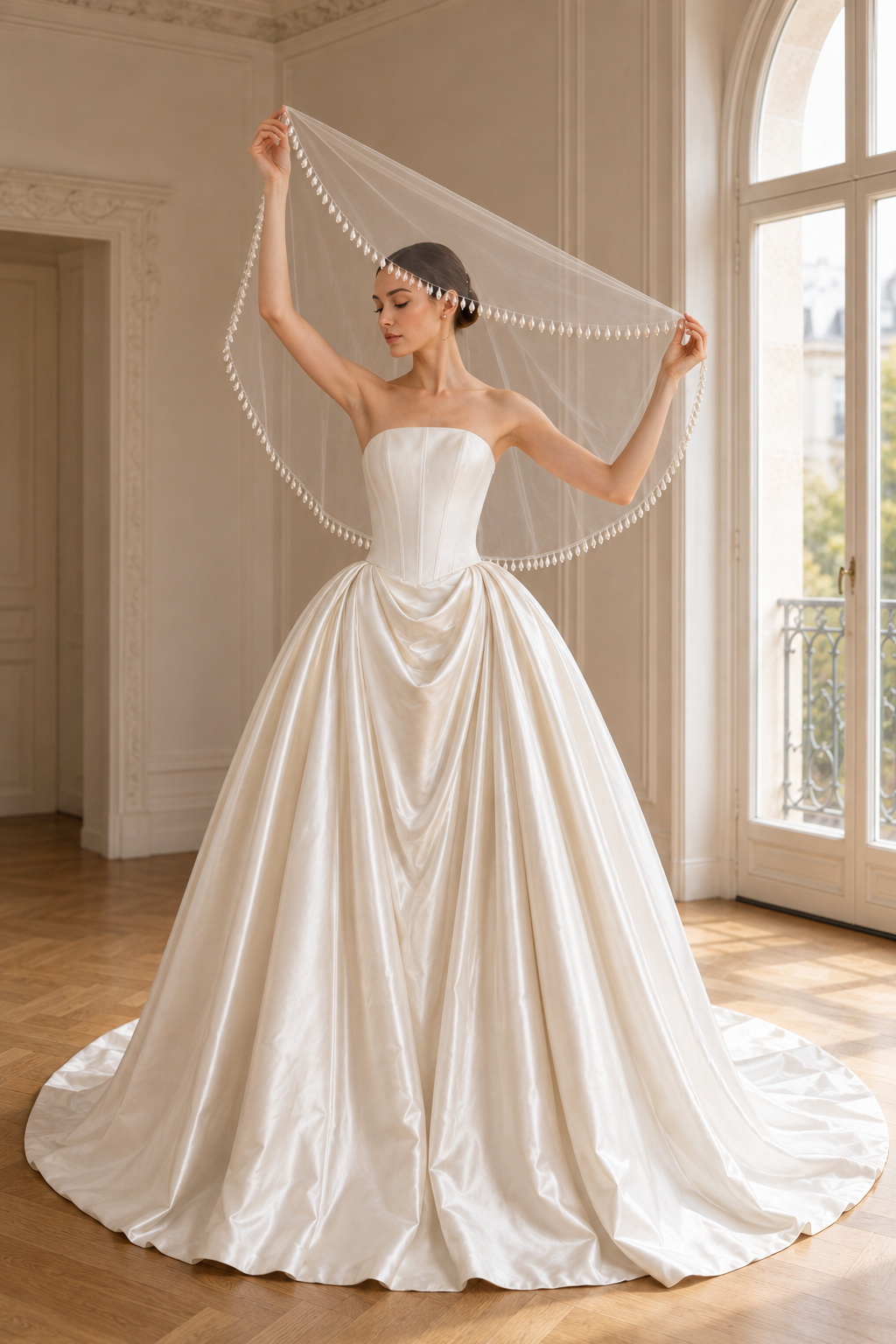Short Teardrop Pearl Bridal Veil – 120cm