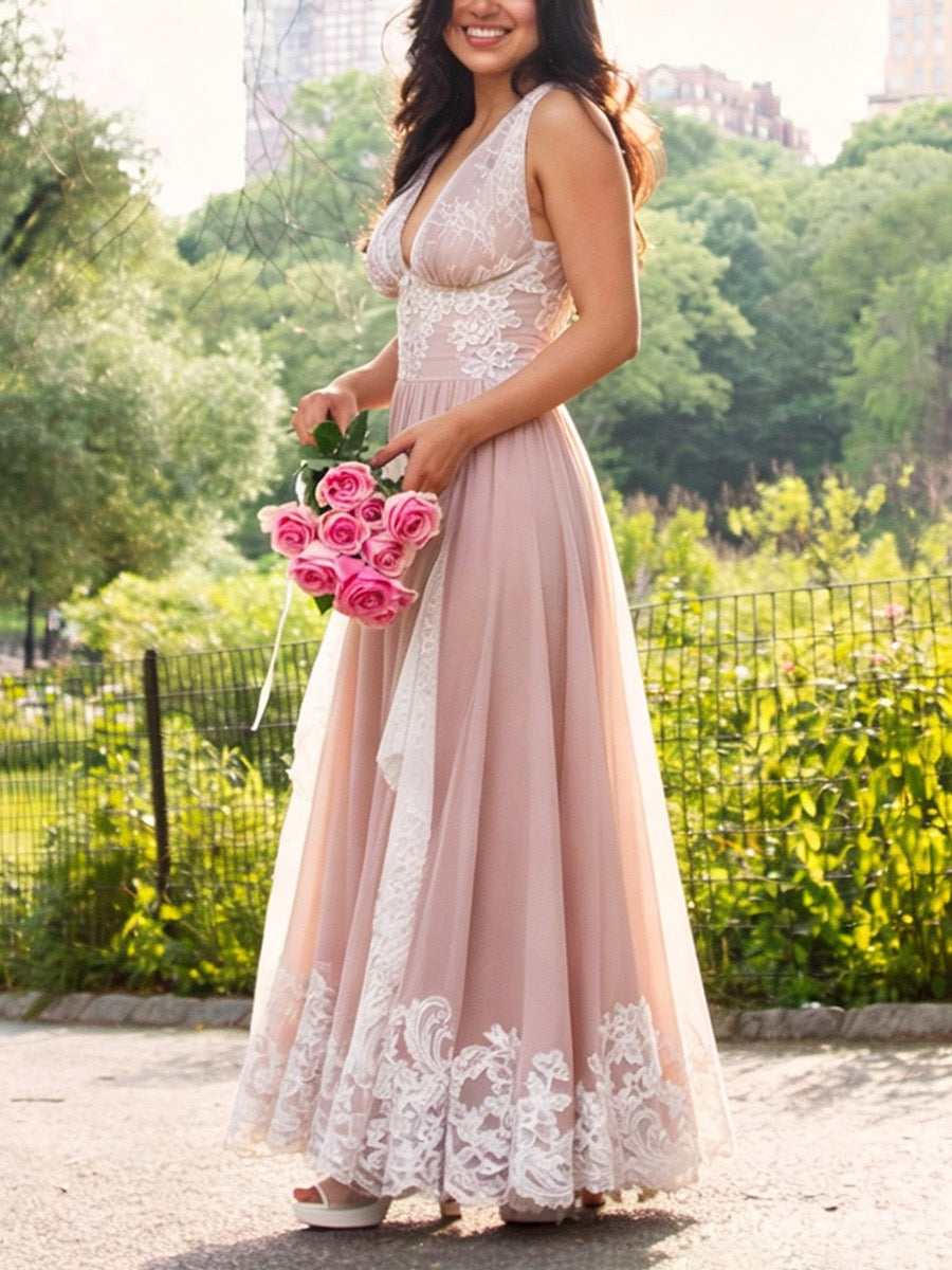 Rosalié Lace Maxi Dress – Blush Lace Bridal Shower & Occasion Dress