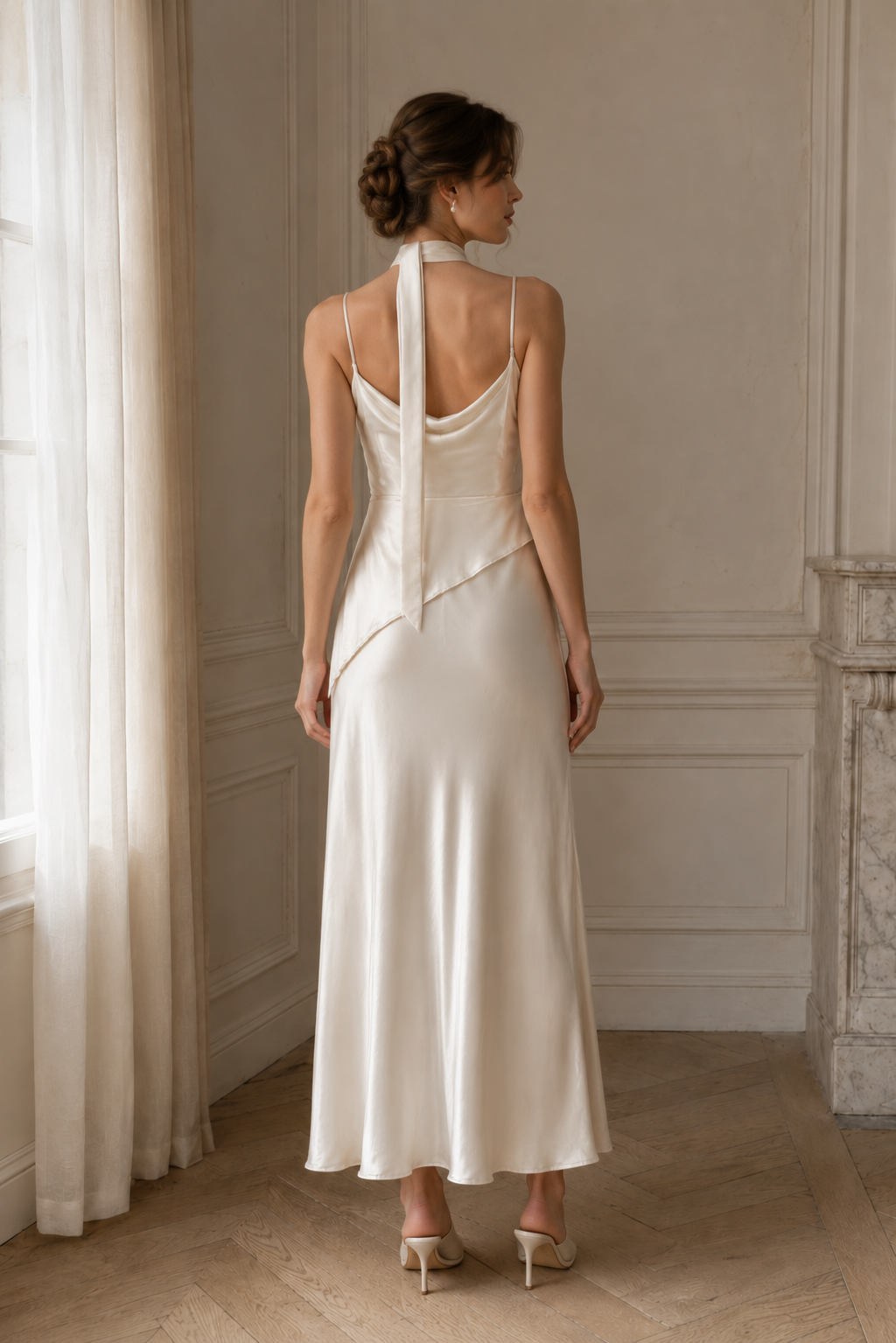 Solène Ivory Satin Cowl Neck Dress | Van Atelier
