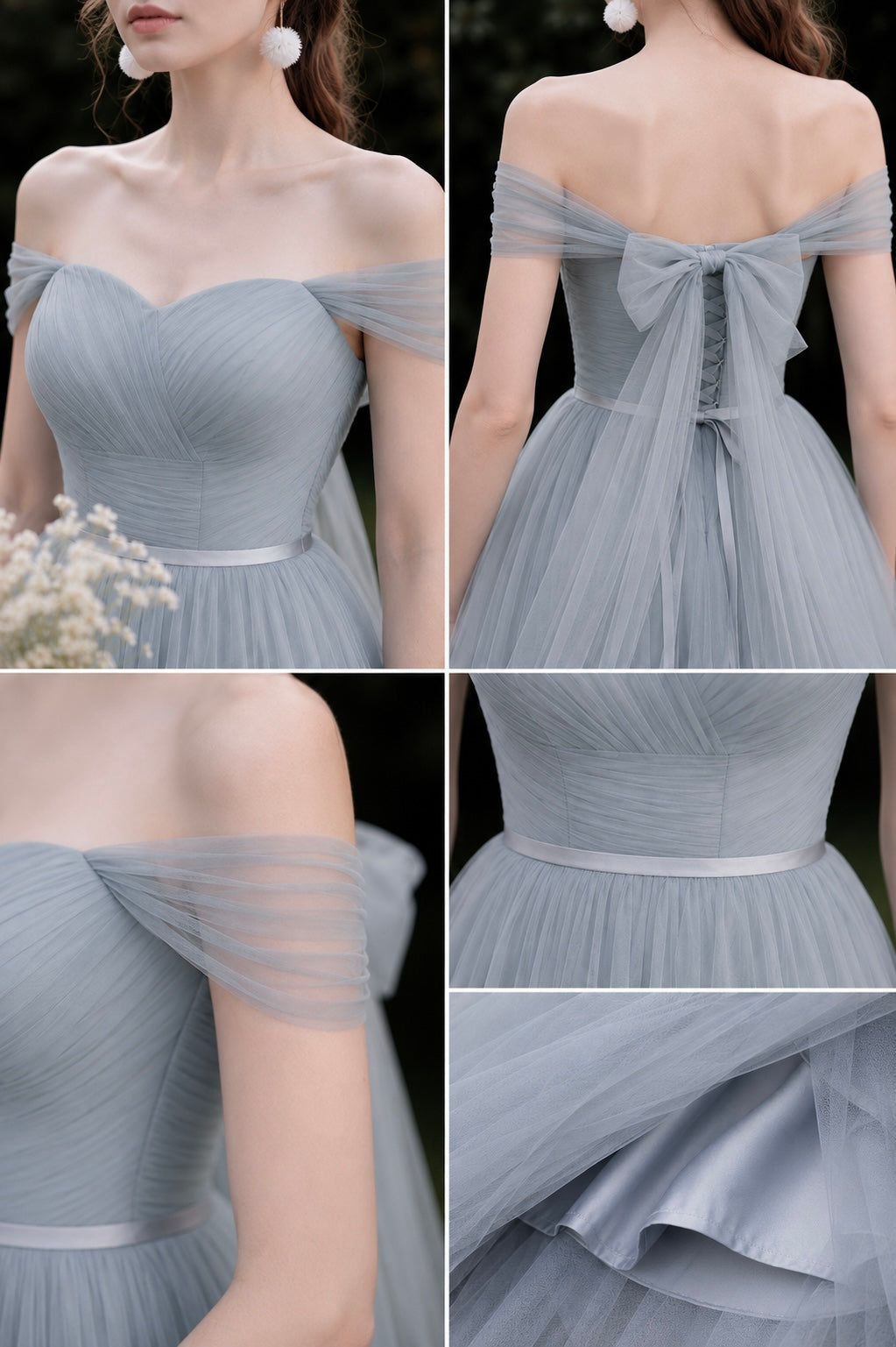 Celeste Bow Back Tulle Bridesmaid Dress – Dusty Blue Off Shoulder Maxi Gown