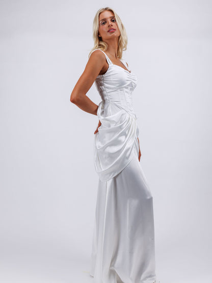 Georgia white goddess draped maxi cocktail dress