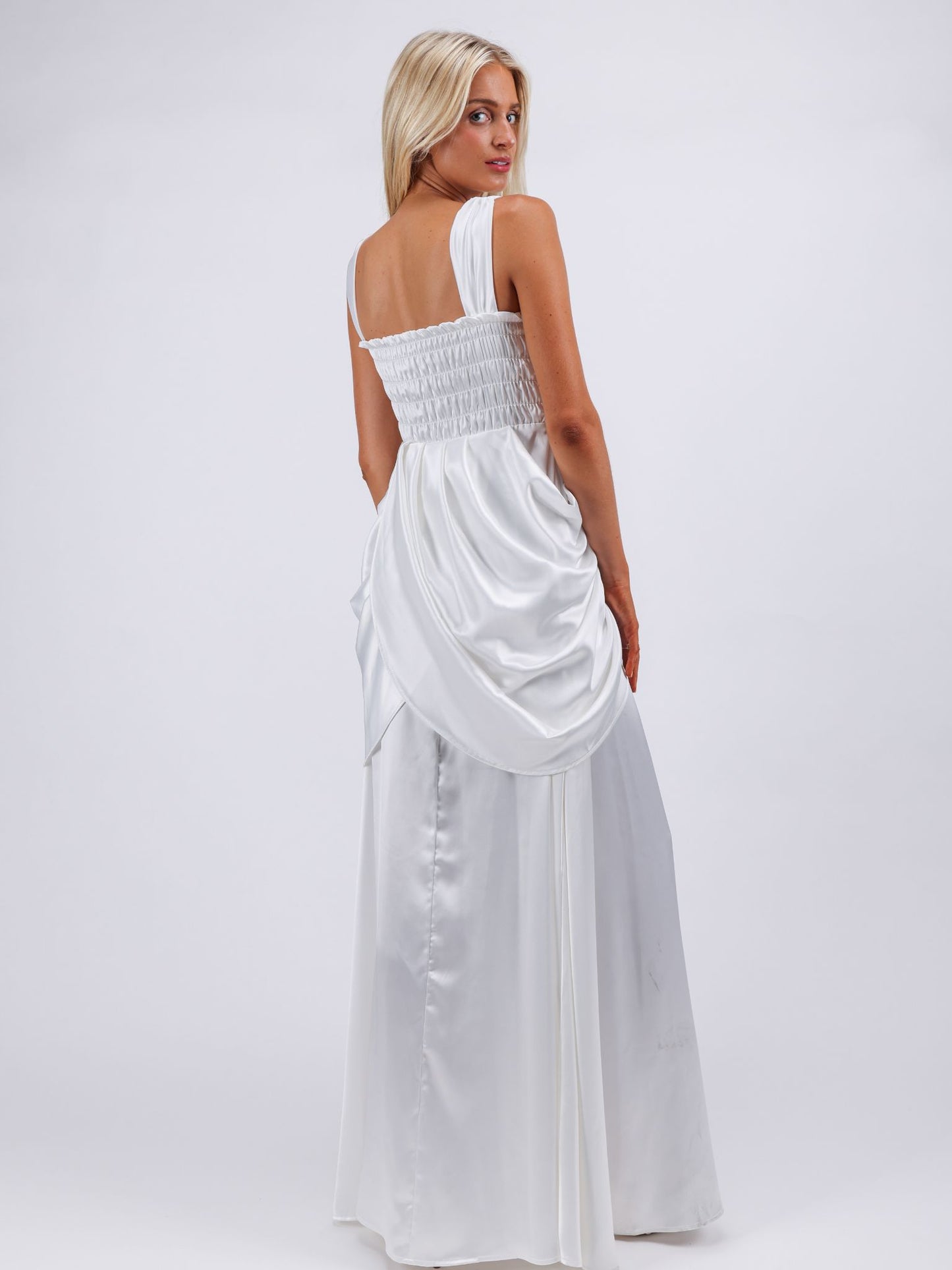 Georgia white goddess draped maxi cocktail dress