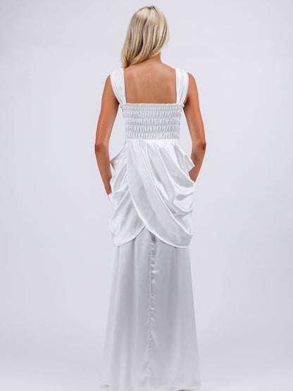 Georgia white goddess draped maxi cocktail dress