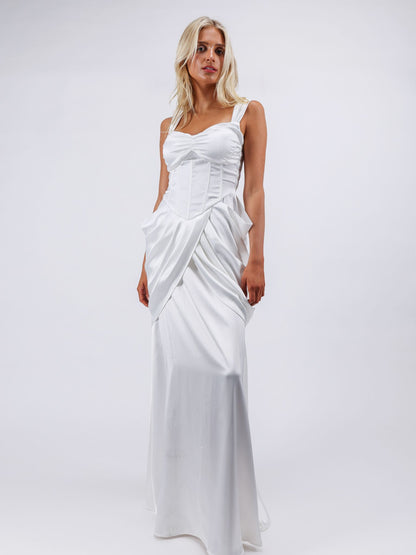 Georgia white goddess draped maxi cocktail dress