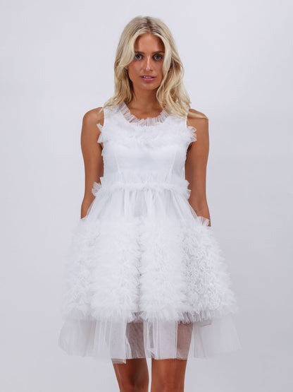 Avery white ruffle puffy mini Dress