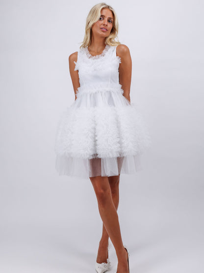 Avery white ruffle puffy mini Dress