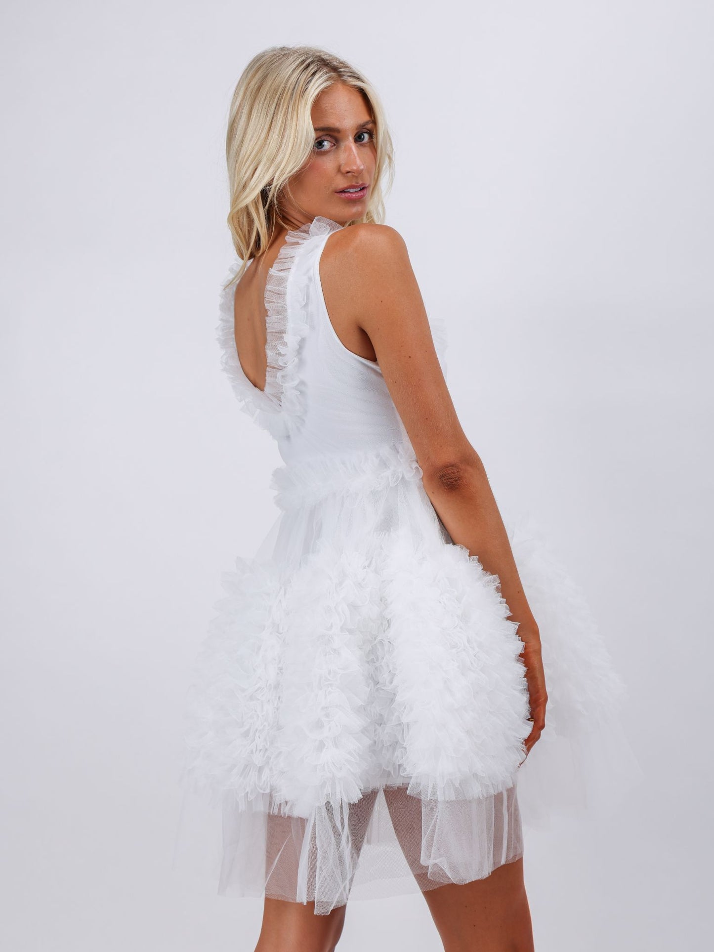 Avery white ruffle puffy mini Dress