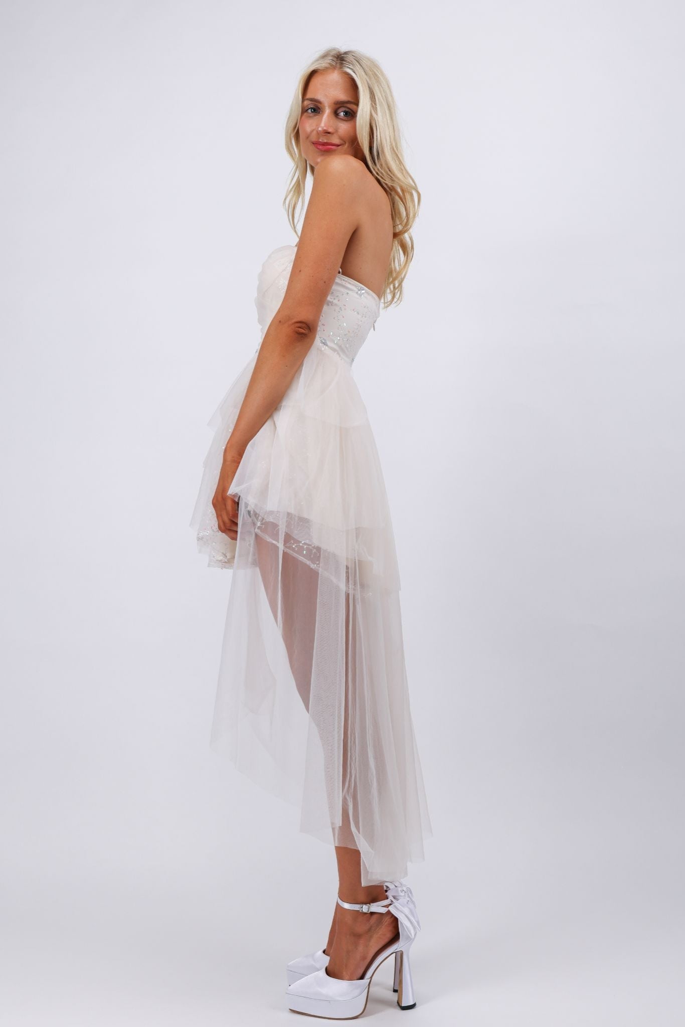 Champagne fit and flare high low soft mini dress