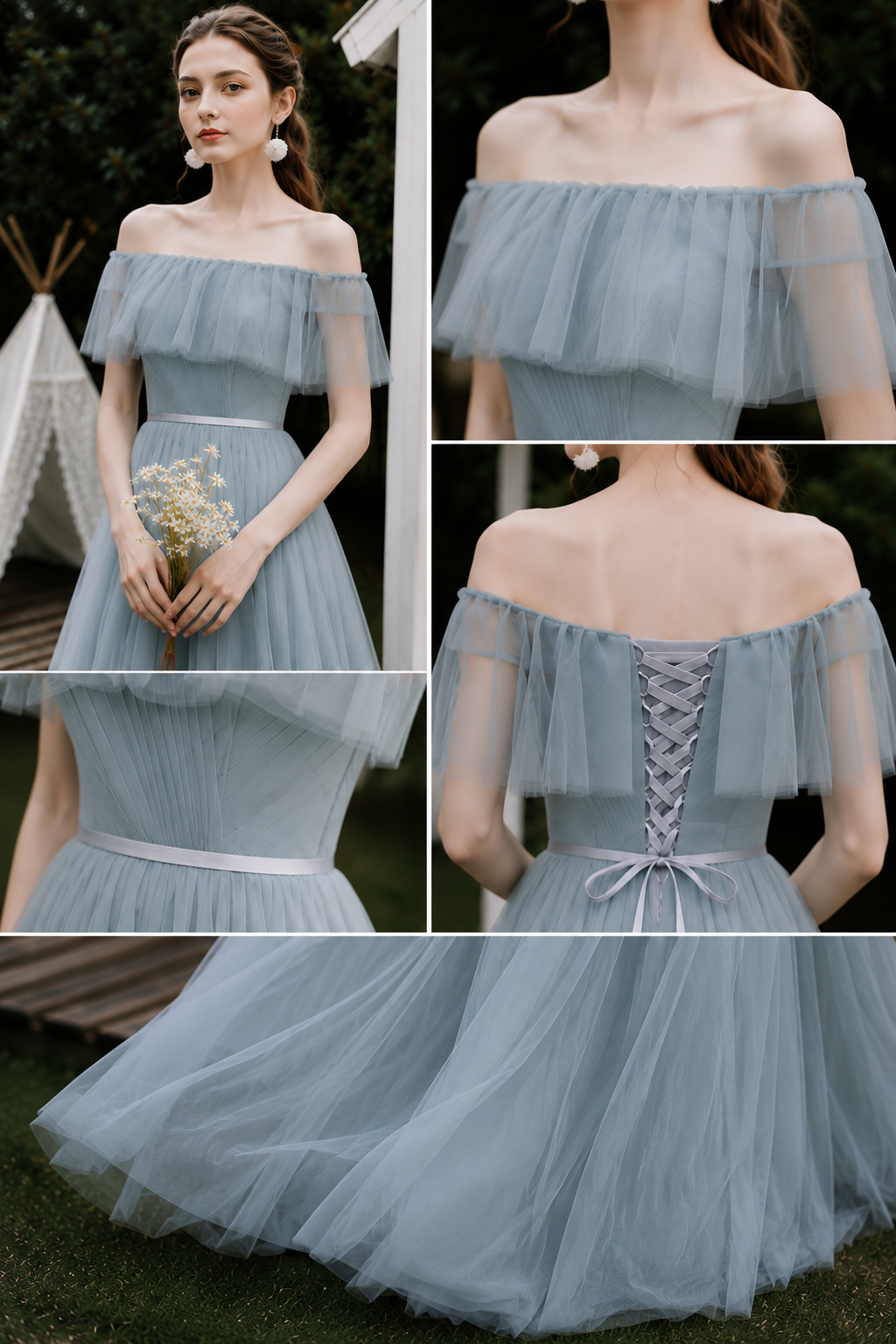 Rosalie Ice Blue Off-Shoulder Tulle Gown