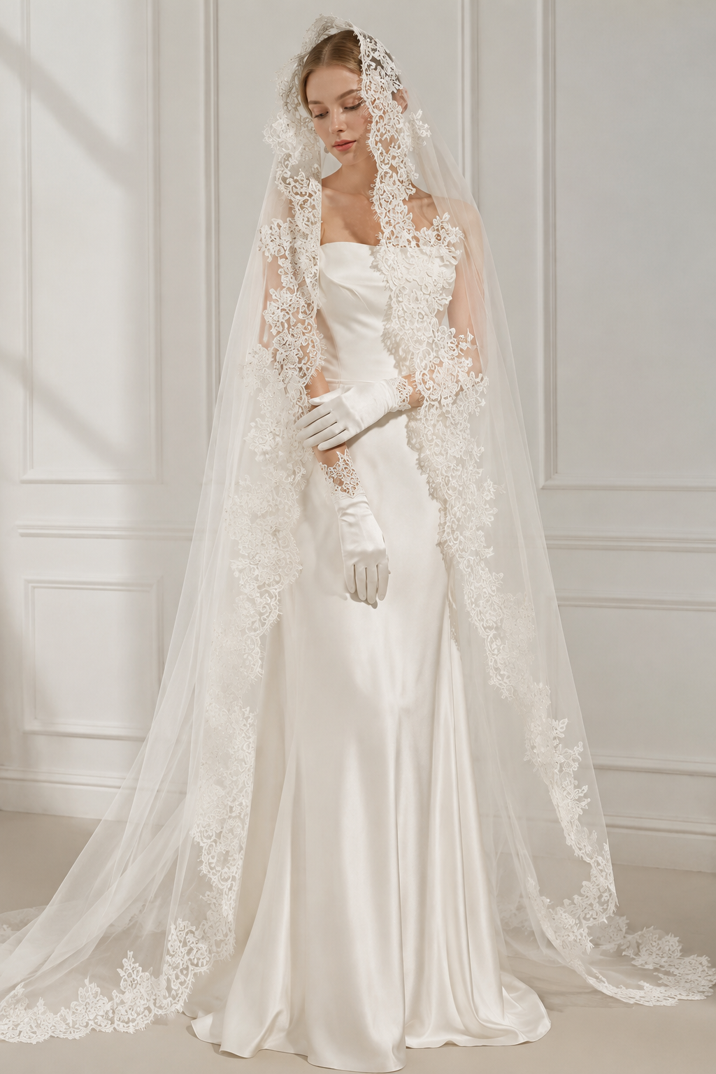 Cathedral Lace Wedding Veil 1.5×3m | Long Bridal Veil with Floral Lace
