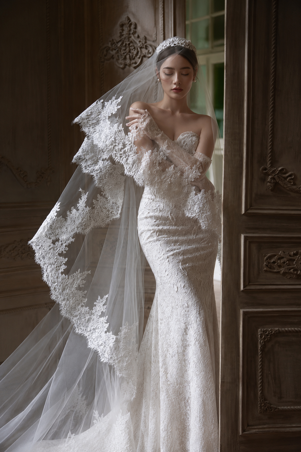 Cathedral Lace Wedding Veil 1.5×3m | Long Bridal Veil with Floral Lace