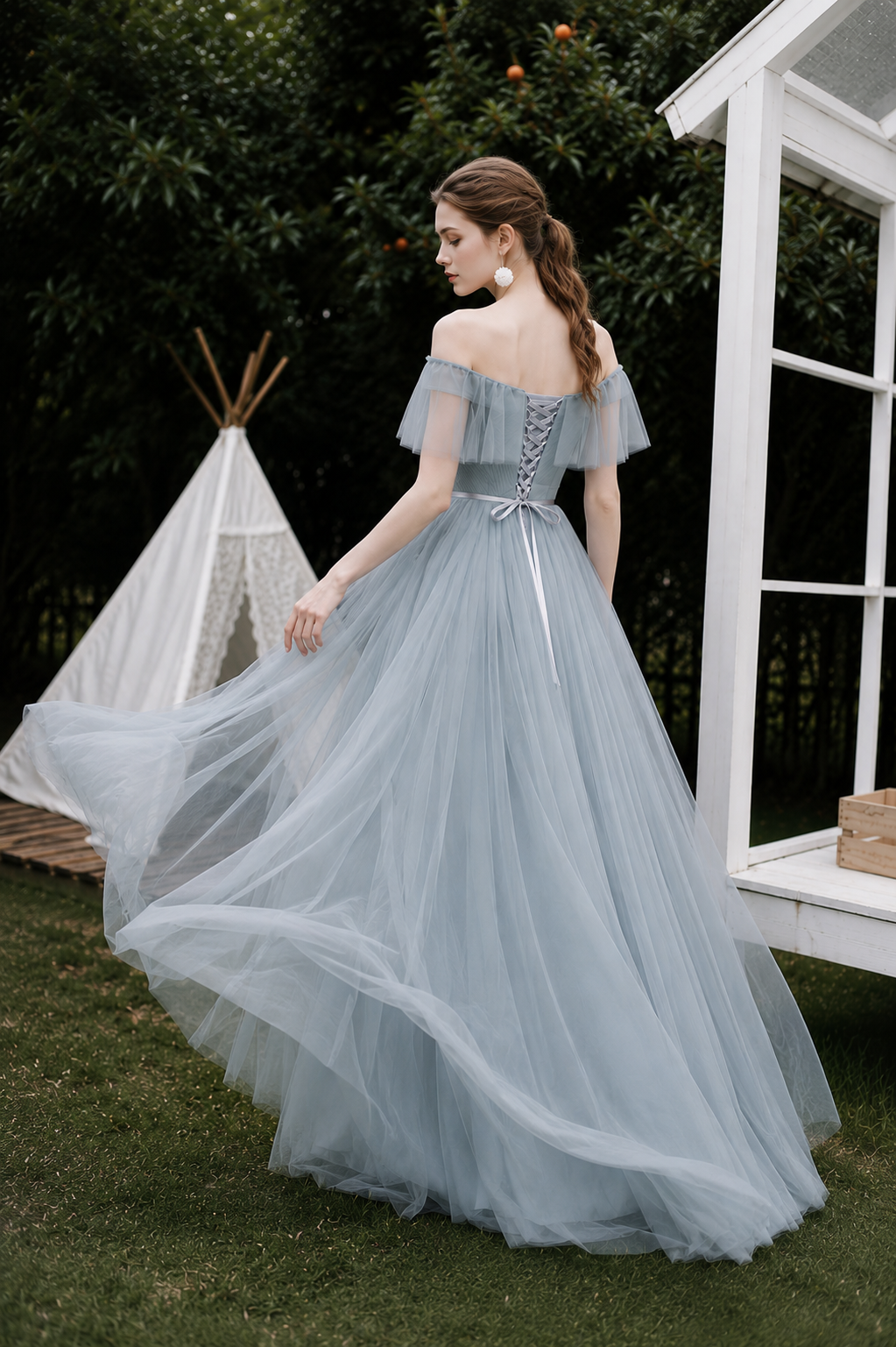 Rosalie Ice Blue Off-Shoulder Tulle Gown