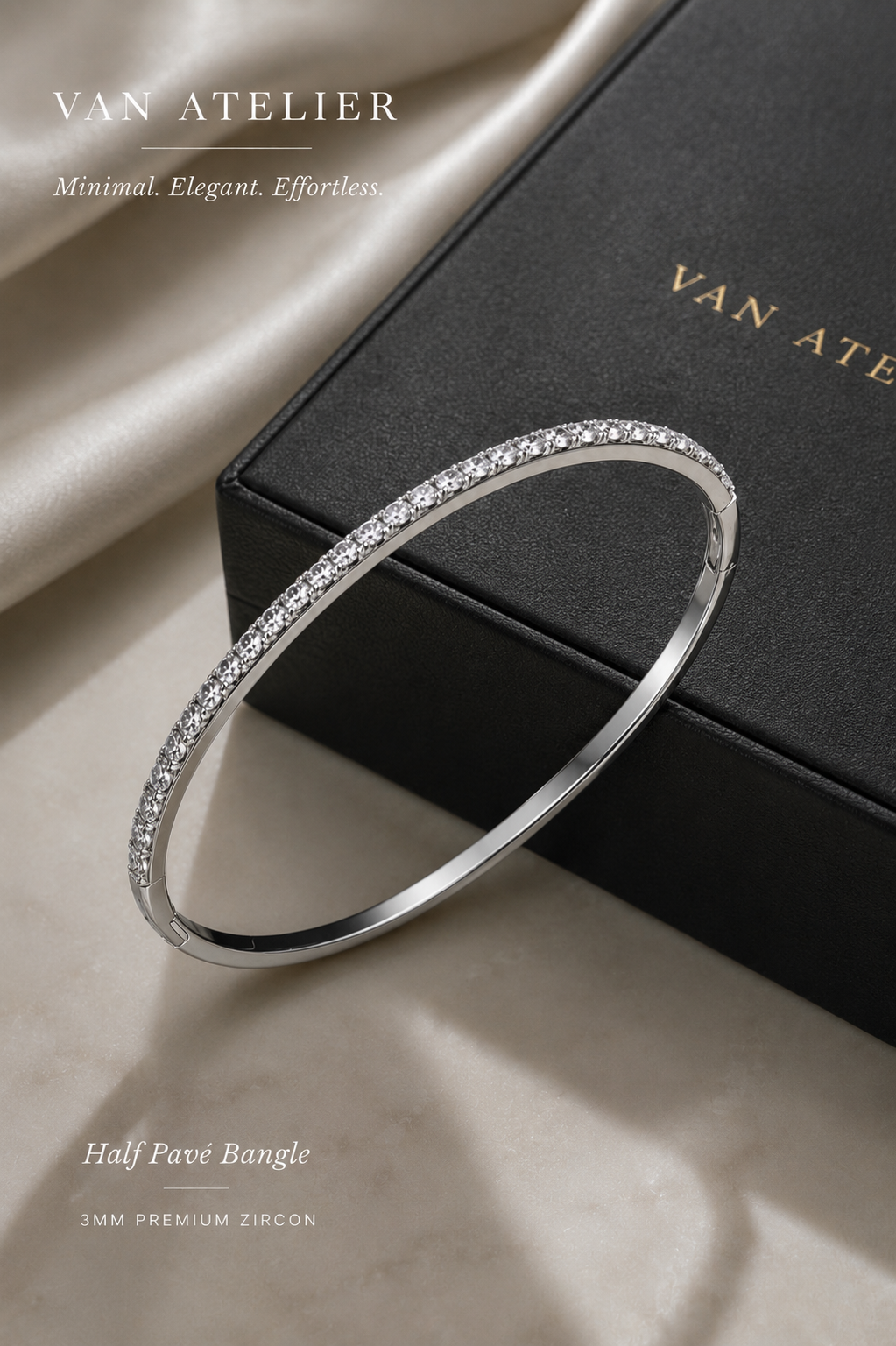 Half Pavé Diamond-Look Bangle – 3MM Premium Zircon Luxury Bracelet