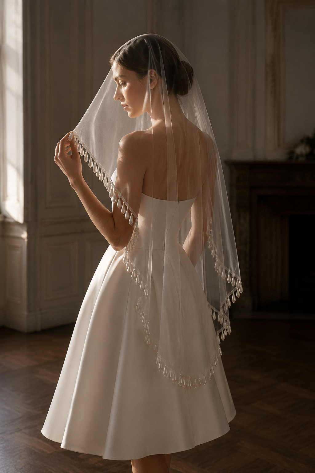 Short Teardrop Pearl Bridal Veil – 120cm