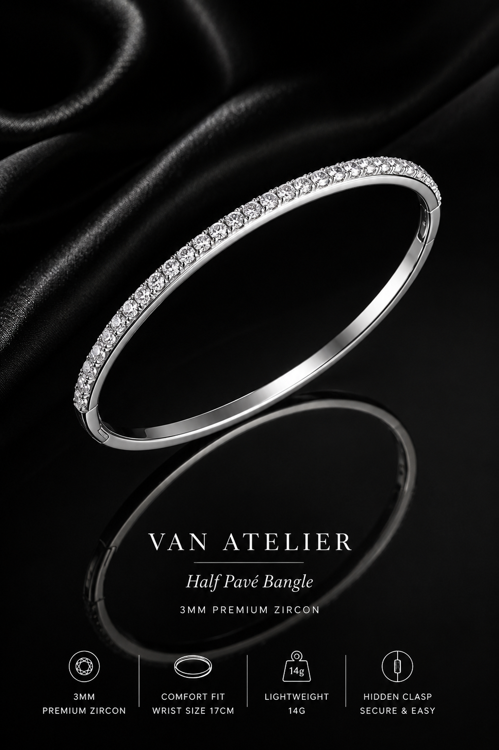 Half Pavé Diamond-Look Bangle – 3MM Premium Zircon Luxury Bracelet