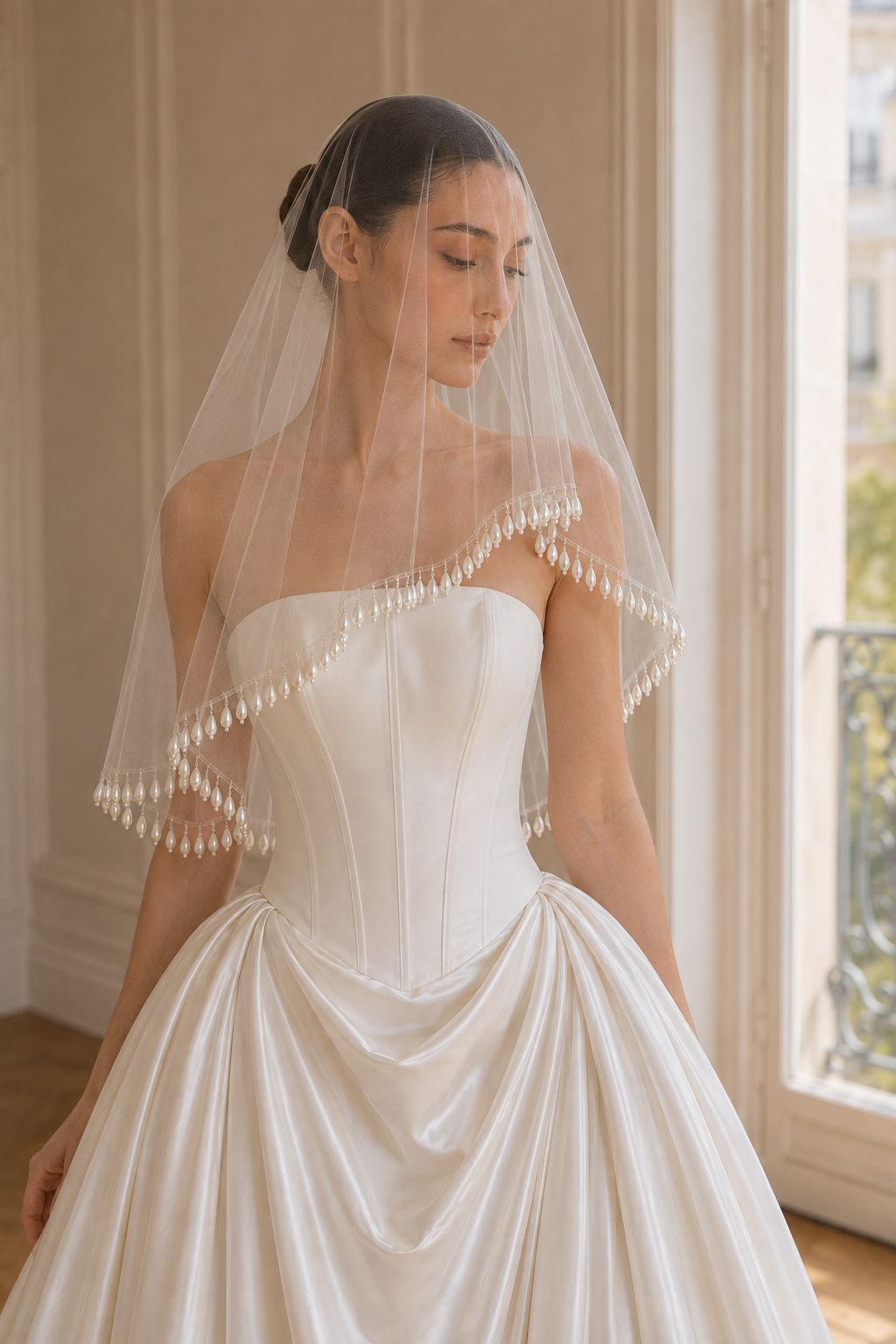 Short Teardrop Pearl Bridal Veil – 120cm