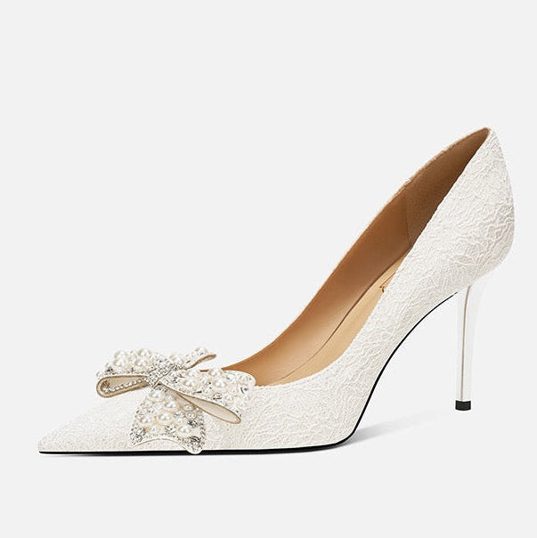Pearl Crystal Bow Ivory Lace Stiletto Pumps