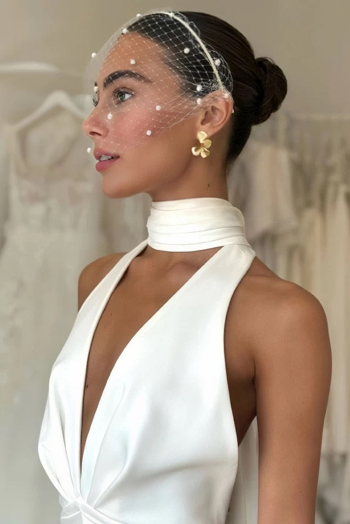 Woman wearing a white bridal gown with a veil in a wedding dress shop.