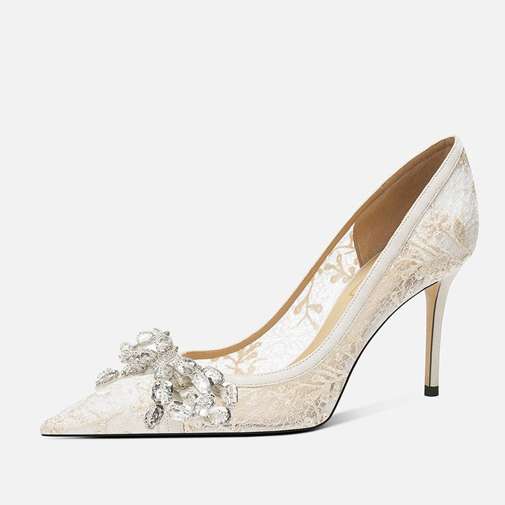 Crystal Bow Lace Stiletto Pumps