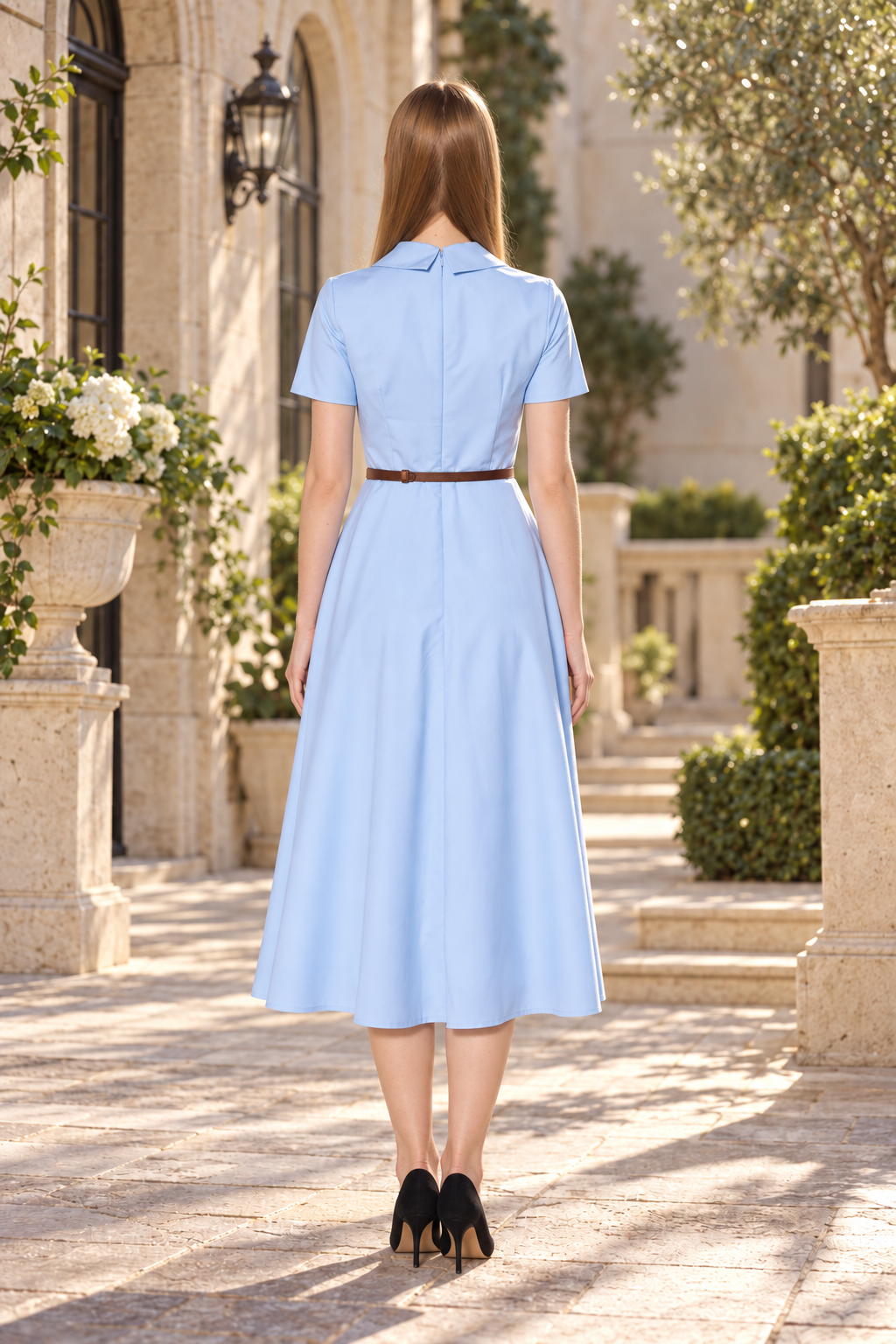Tailored Shirt Collar Midi Dress in Powder Blue