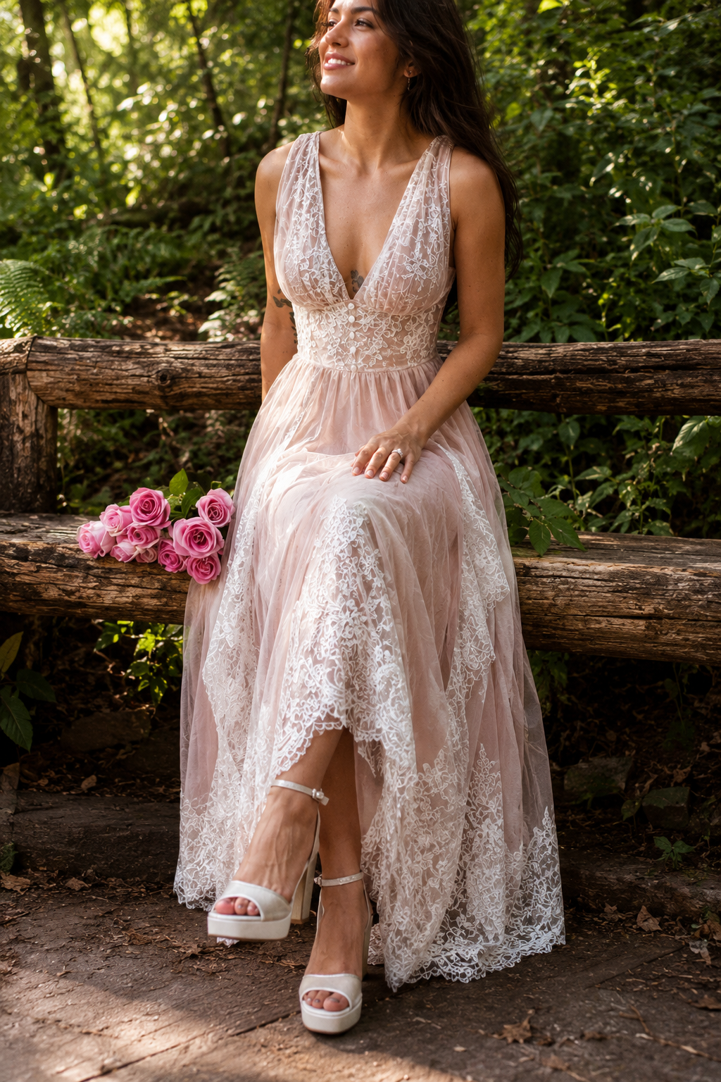 Rosalié Lace Maxi Dress – Blush Lace Bridal Shower & Occasion Dress – Van Atelier