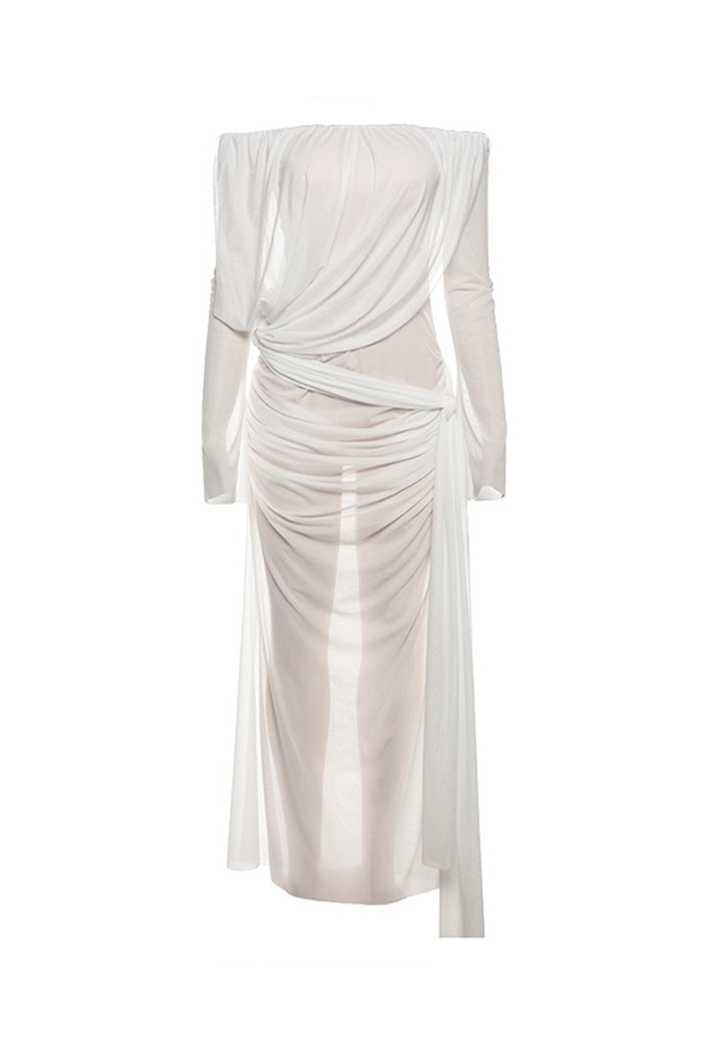 Celeste Sheer Draped Maxi Dress | Off Shoulder White Mesh Evening & Resort Dress