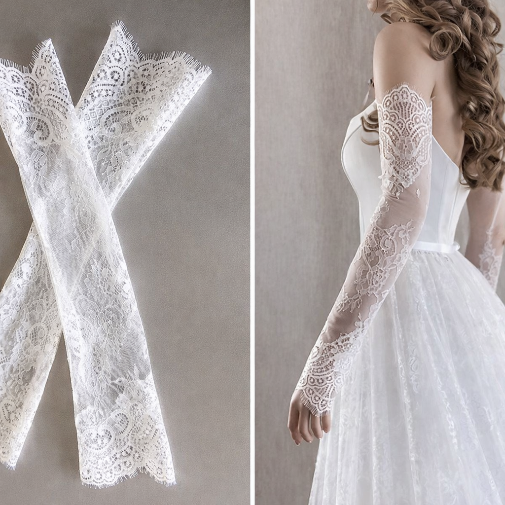 Close-up of lace gloves and a wedding dress with lace sleeves on a neutral background