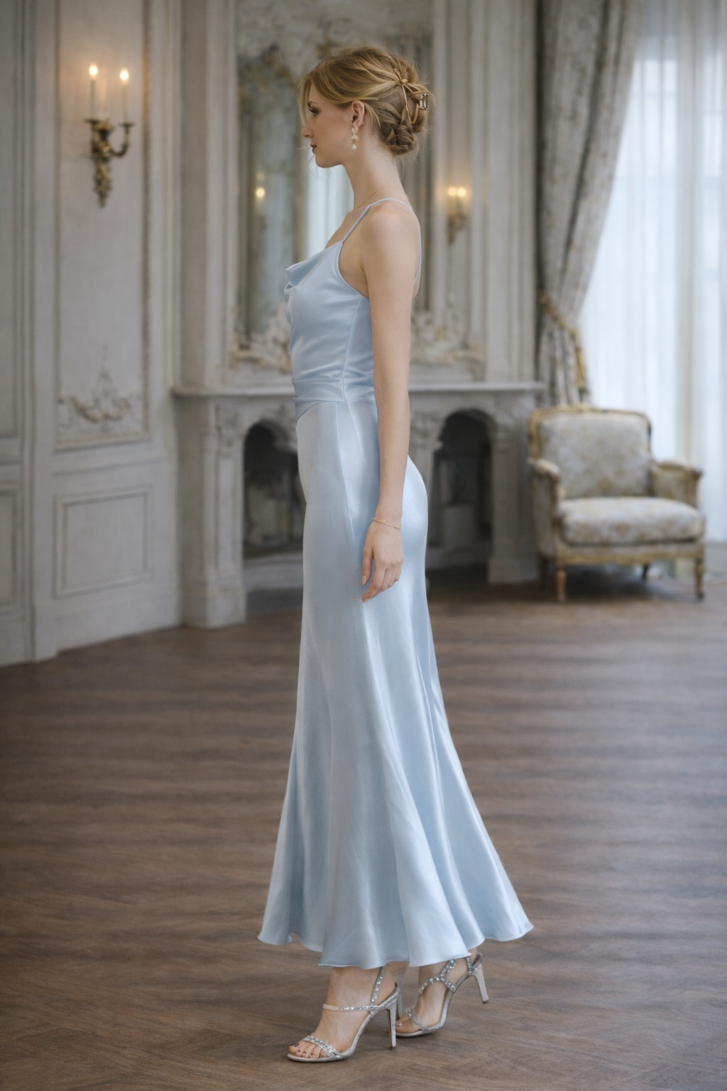 Woman in a light blue dress standing in an elegant room with a fireplace and mirror.