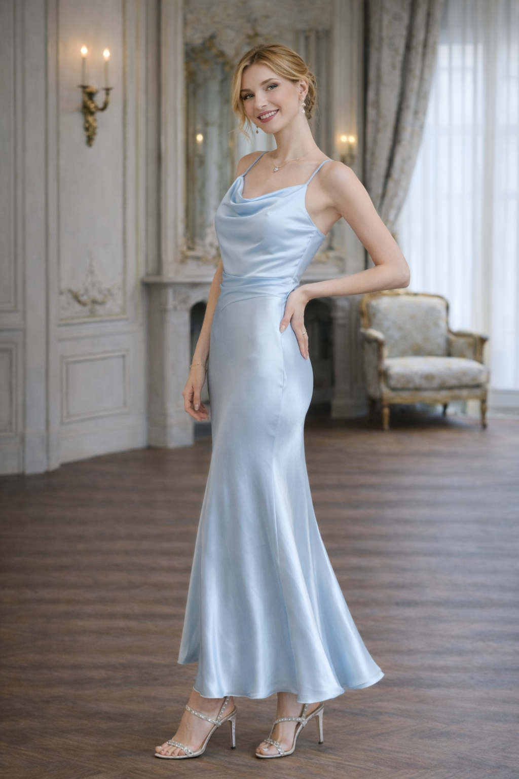 Woman in a light blue satin gown standing in an elegant room with a mirror and chair.