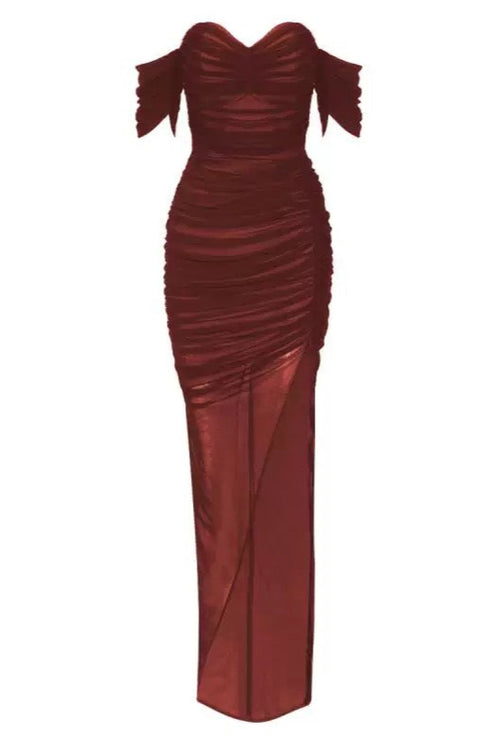 Crimson Elegance: Off-Shoulder Ruched Evening Gown