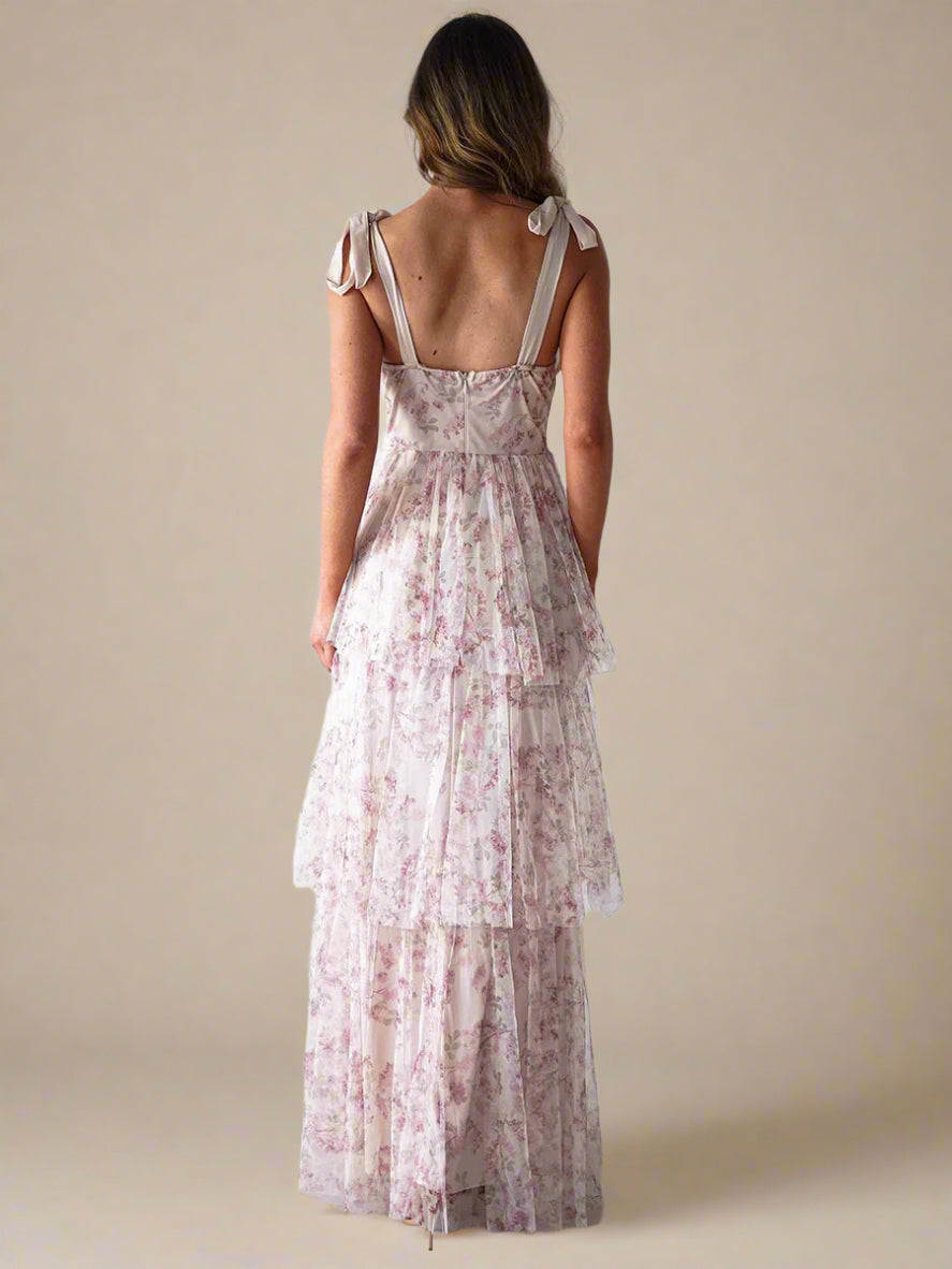 Rose Garden Tiered Floral Tulle Maxi Dress