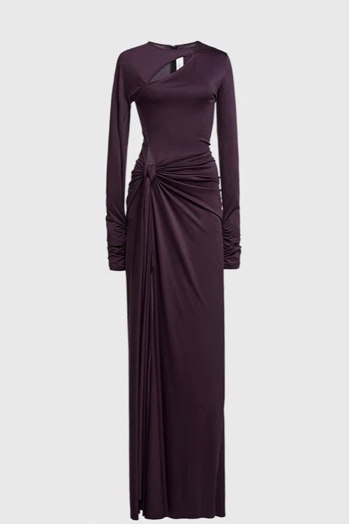 Elegant Deep Purple Cut-Out Gown with Ruched Detailing