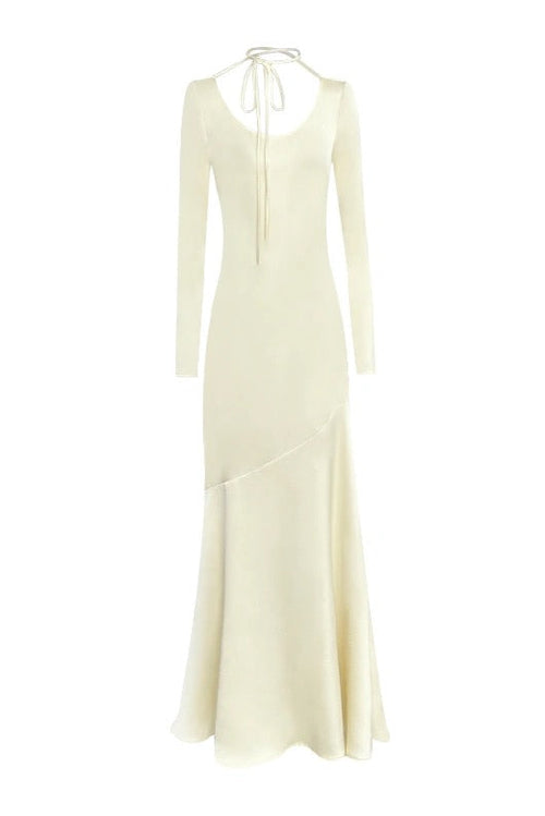 Elegant Satin Yellow Dress with Draped Back