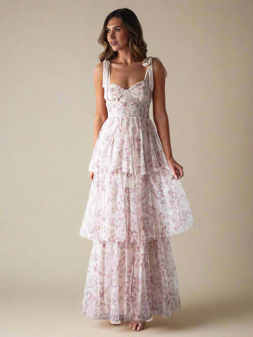 Rose Garden Tiered Floral Tulle Maxi Dress