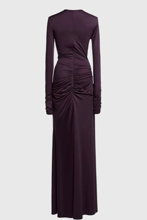 Elegant Deep Purple Cut-Out Gown with Ruched Detailing