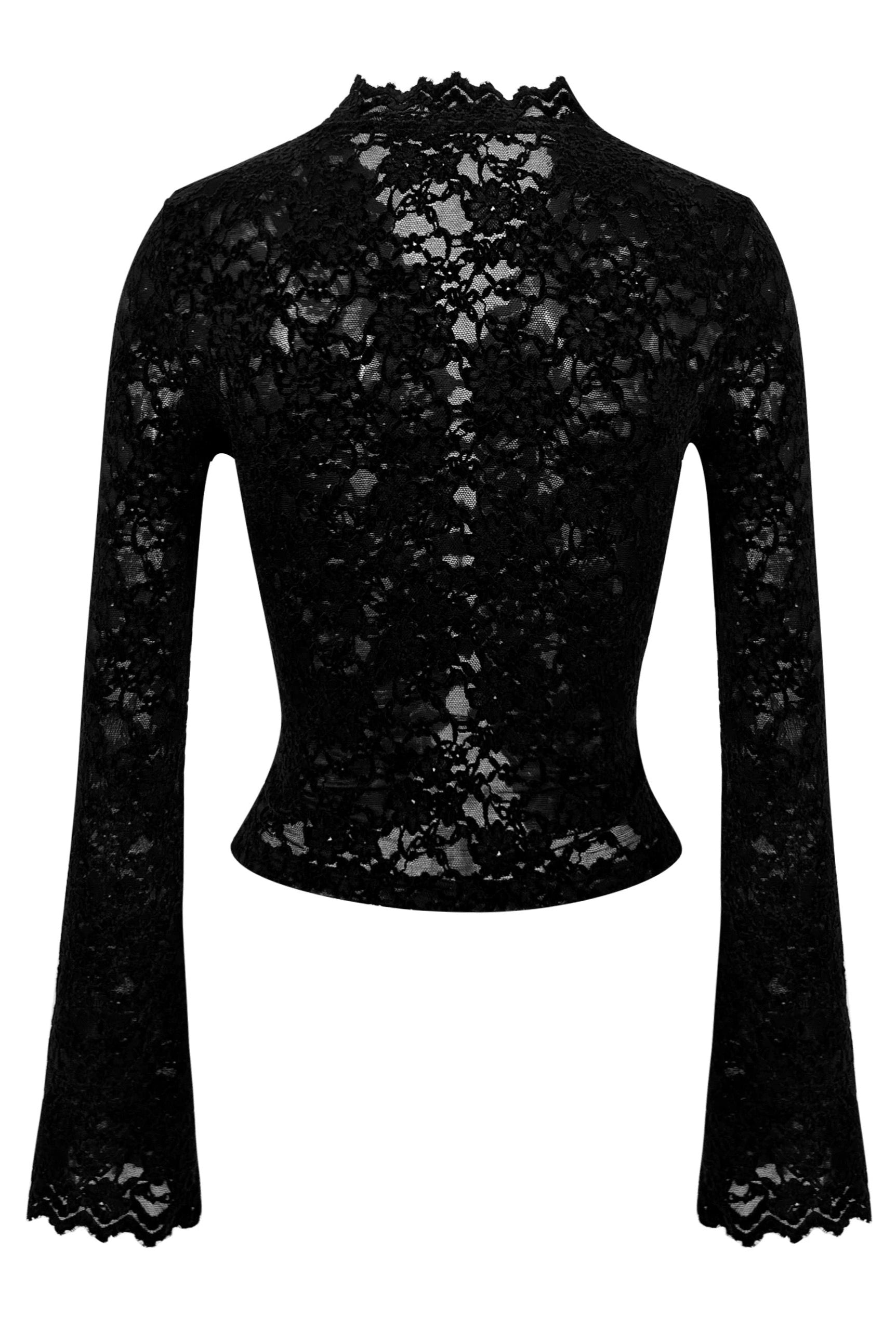 Elegant Black Sheer Lace Blouse with Tie Detail